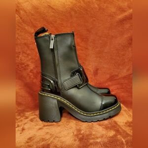 New Dr. Martens Black Leather Chunky Heel Combat Boots
